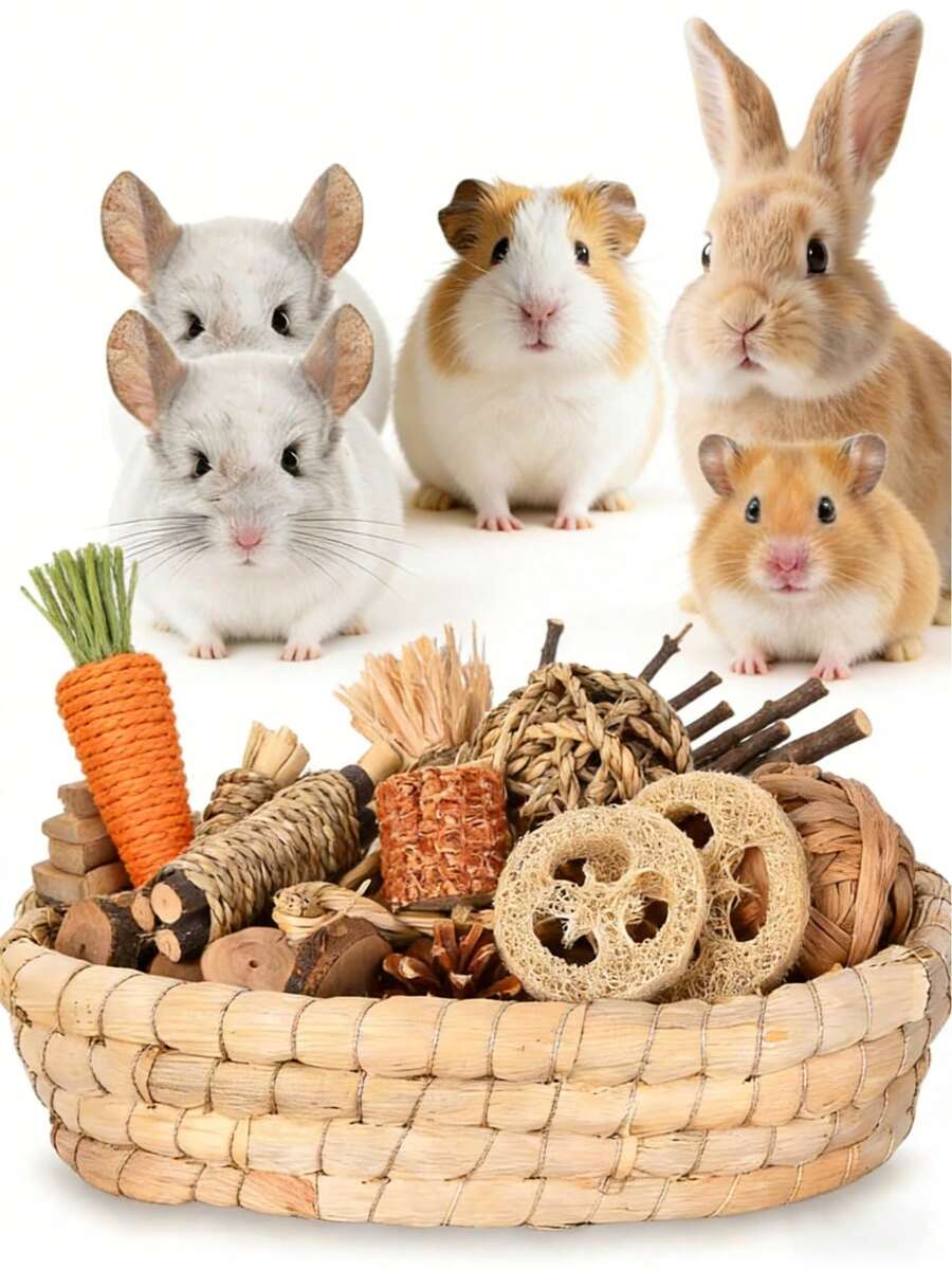 100克天然苹果木条，手工编织球，苹果木块笼挂件，仓鼠磨牙玩具套装，适用于仓鼠、兔子、豚鼠和其他宠物 - 彩色 - 查看 1