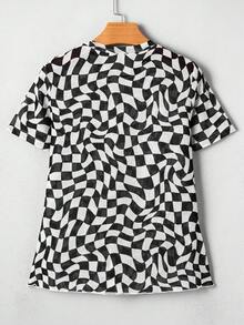 Camiseta holgada de malla con cuello redondo y estampado de tablero de ajedrez para mujer - Negro - Ver 9