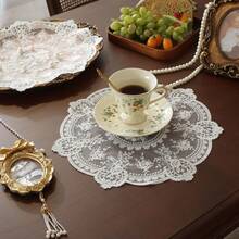 Handmade Style Embroidered Lace Doily Vintage Round Placemat White Floral - trắng - Xem 4