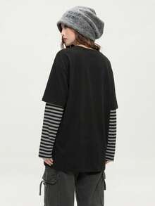 JUTU Spring & Autumn Black Striped Patchwork Sleeve T-Shirt, Comfortable Loose Fit Long Sleeve Top, Young Lady Style Casual - 2A19 Black - View 2