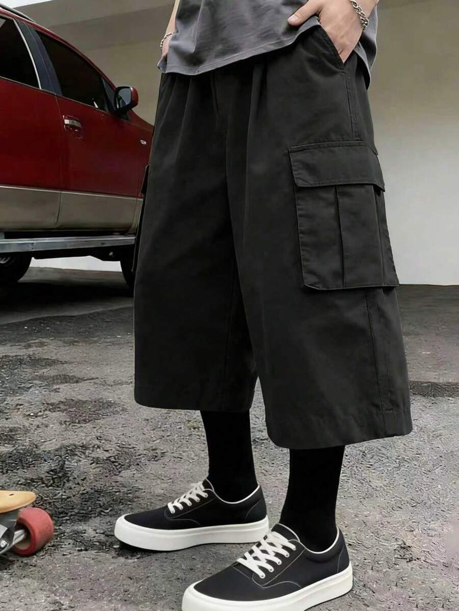 男士黑色工装七分裤，多口袋阔腿街头风下装 - 黑色 - 查看 1