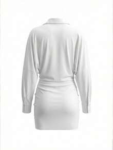 Women's White Satin Two Pieces Set | Cowl Neck Draped Blouse & Ruched Mini Skirt For Party & Night Out - White - View 6