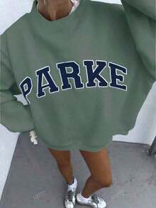 Women's Casual "PARKE" Letter Print Loose Pullover Sweatshirt, Encountering Lazy Fashion. 2026 New Y2Y Style Casual Women's Sweatshirt - Versatile For Sports, Leisure, And Everyday Wear New Years Outfit WomenWomen'S Sweatshirt - Black With Colorful Lettering, Soft Crewneck Pullover For Everyday & Special Occasions, Fall/Spr - 綠色 - 查看 7