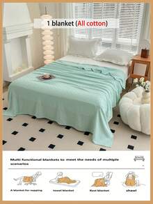 1条100%纯棉针织毯 - 超薄透气格子设计 | 四季皆宜 | 可机洗 | 夏季及夜间出汗时的理想之选 | 现代柔软质感毯子，现代家居装饰，简约易护理面料 - 孔雀藍 - 查看 6