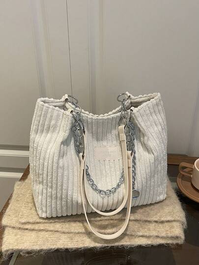 Large Capacity Solid Color Plush Shoulder Tote Bag, Suitable For School, Travel, Shopping, Dating, Women's Gift, Corduroy Tote Bag, Fashion Chain Shoulder Bag, Large Capacity Plush Tote Bag, Backpack, Portable, Large Capacity, Lightweight, Suitable For Teenage Girls, Women, College Students, Middle And High School Students, Outdoor, Travel, Hiking, Work, Business, Commuting