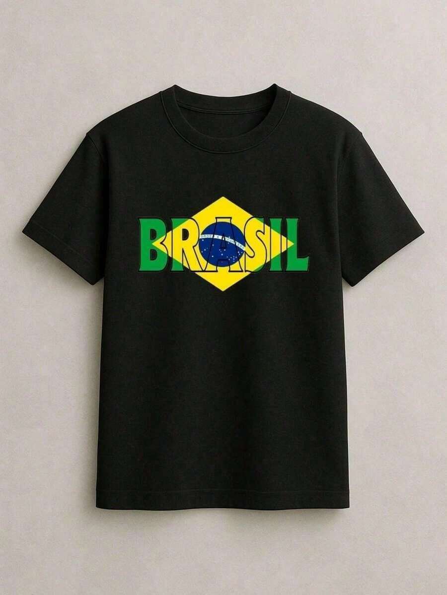 Blusa Camisa Camiseta Brasil Pais Copa do Mundo Bandeira 100% Algodão Unissex - Preto - Visão 1