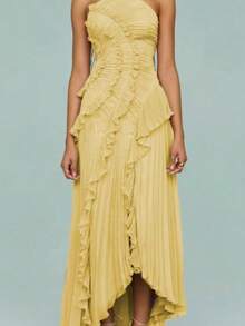 Ladies Elegant, Fashionable, Slim Fit, Ladies' Style, Party, Vacation, Daily Temperament, Socialite, Ruffled Edge, Pleated Neck Hanging, Suspender Dress, Long Skirt, Women - 黃色 - 查看 1