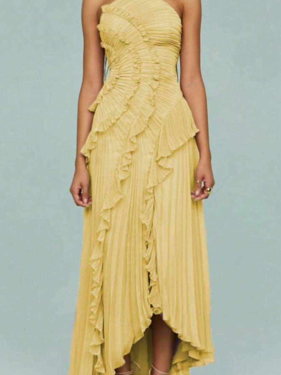 Ladies Elegant, Fashionable, Slim Fit, Ladies' Style, Party, Vacation, Daily Temperament, Socialite, Ruffled Edge, Pleated Neck Hanging, Suspender Dress, Long Skirt, Women - 黃色 - 查看 1