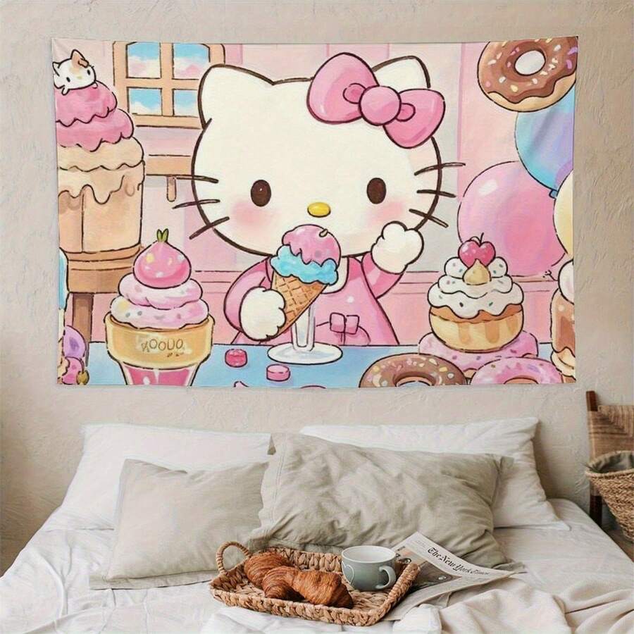 1件三丽鸥Hello Kitty魔法冰淇淋挂毯 - 甜蜜甜点主题墙饰，采用柔和的粉彩色调，柔软涤纶材质，非常适合宿舍、卧室和派对，派对墙面装饰 | 卡通人物挂毯 | 墙饰，Hello Kitty主题墙面艺术 - 彩色 - 查看 1