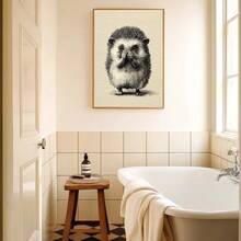 1幅带框/不带框复古刺猬遮住鼻子趣味动物帆布海报，乡村风格浴室墙面艺术印刷品，简约田园风厕所装饰，可爱复古画作，适用于卫生间、卧室、现代家居装饰 - A - 查看 3