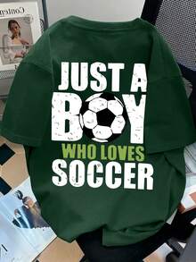 Boys' Football Letter Print Round Neck Short Sleeve T-Shirt, Spring/Summer New Kids Graphic Tee - Dark Green - View 3