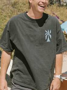 男士圆领椰树印花休闲百搭日常短袖T恤 - 深灰色 - 查看 4