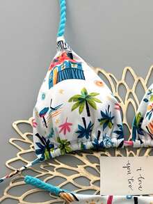 2pcs Tropical Print Swimsuit, Casual Cute Elegant Sexy Bohemian Style Tie Front Bikini, Beach Holiday Outfit For Women, Spring/Summer - Multicolor - View 4