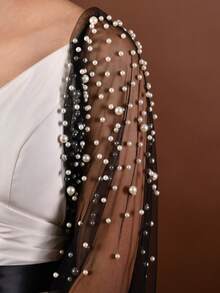 1 Pair Long Pearl Sleeve Sheer Mesh Beaded Detachable Bridal Arm Sleeves, Elegant For Party, Wedding, Banquet - 黑色白珍珠 - 查看 4