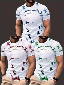 3件装男士扎染涂鸦印花圆领T恤休闲短袖修身T恤 - 彩色 - 查看 1