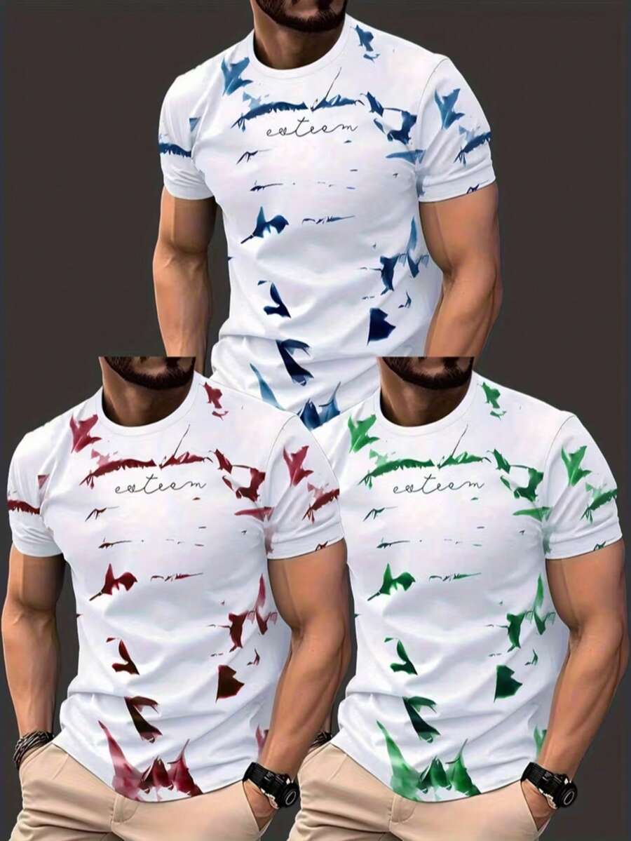 3件装男士扎染涂鸦印花圆领T恤休闲短袖修身T恤 - 彩色 - 查看 1