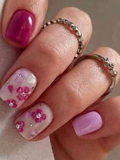 24pcs Short Square Nail Stickers, Purple & Pink Floral Pattern, Versatile Countryside Style, Glitter Petals, Elegant Daily Design, Removable Fake Nails With 1 Nail File
