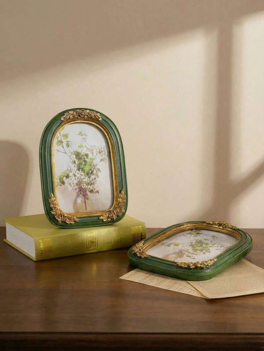 1 khung ảnh cổ điển màu xanh lá cây hình vòm, kiểu dáng retro, họa tiết hoa vàng trang nhã, làm thủ công từ nhựa giả cổ, thích hợp để trang trí tường, cũng có thể dùng làm quà cưới cho cô dâu hoặc quà tặng ngày lễ, trang trí phòng ngủ, phòng học, bàn làm việc. - Nhiều màu - Xem 1