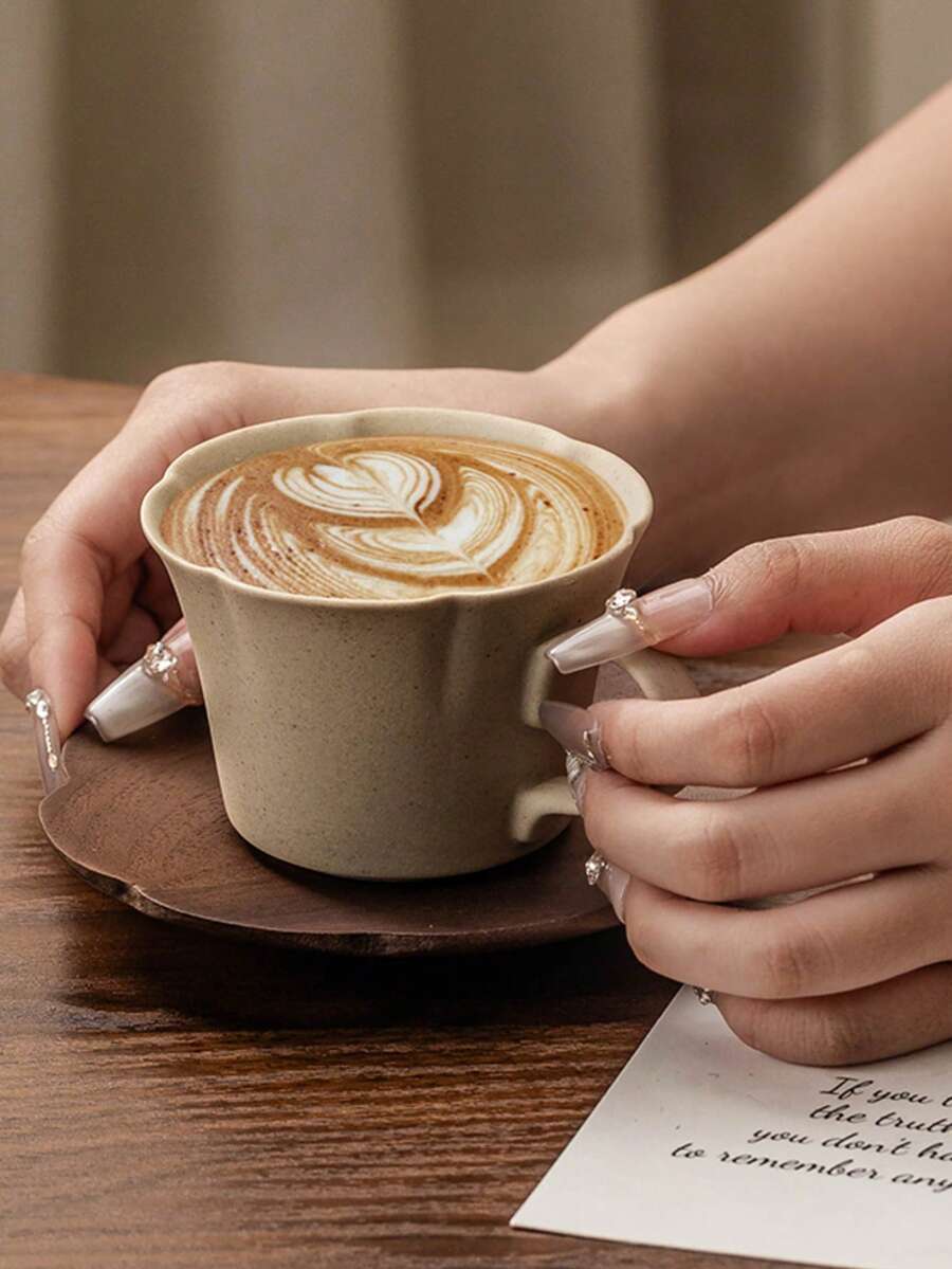 200ml Niche Design Ceramic Coffee Cup & Saucer Set, Japanese Floral Pottery Cup, Latte Art Coffee Cup & Saucer, 1 Set (Cup + Saucer) - Floral-shaped Coffee Cup and Saucer Set In Multiple Colors - View 1