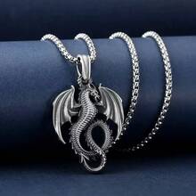 男士哥特朋克风西部龙翼合金吊坠项链 - 銀色 - 查看 1