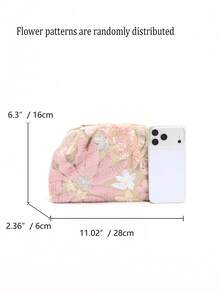 1pc Colorful PVC Sequin Flower Pattern Linen Base Mesh Embroidery Ruffle Cloud Clutch Bag, Shiny Sparkly Evening Bag For Casual, Holiday, Party Use (Flower Sequin Pattern Randomly Sent) - Baby Pink - View 3
