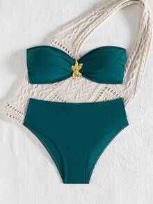 wohenmeili 1 Set Metal Decor Bikini Top And Bottoms, Starfish Decor Swimsuit Set - Dark Green - View 3
