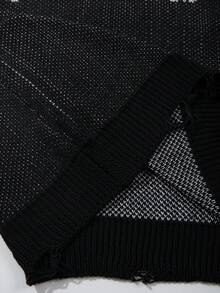BLACKTOEXIT 春夏男士中性肖像圖案半透舒適街頭風休閒百搭通勤羅紋圓領短袖針織毛衣 - 黑色 - 查看 9