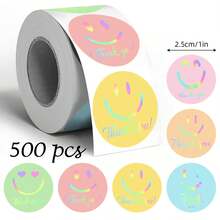 500pcs Holographic Laser Colorful Expression English Thank You Doodle Stickers, 1 Inch Round, 6 Colors, Scrapbook DIY Decoration Tape, Greeting Cards, Envelopes, Cards, Gift Wrapping, Perfect For Daily And Holiday Party, PVC Self-Adhesive Stickers - 500 Laser Thank-you Stickers - View 7