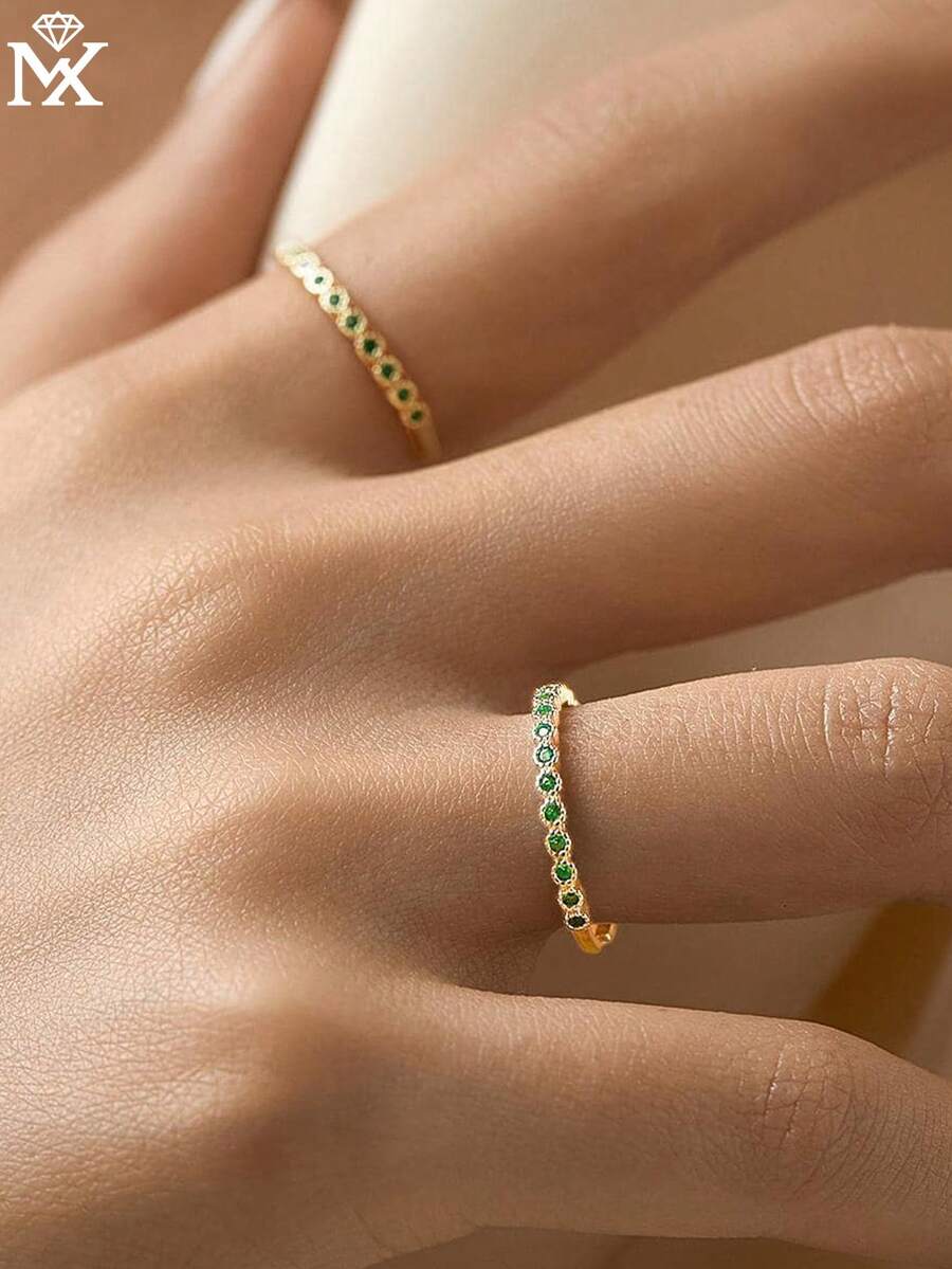 SYMFNY 1pc Minimalist 925 Sterling Silver Round Emerald Green Cubic Zirconia Adjustable Open Ring, Suitable For Women's Daily Wear - Yellow Gold - View 1