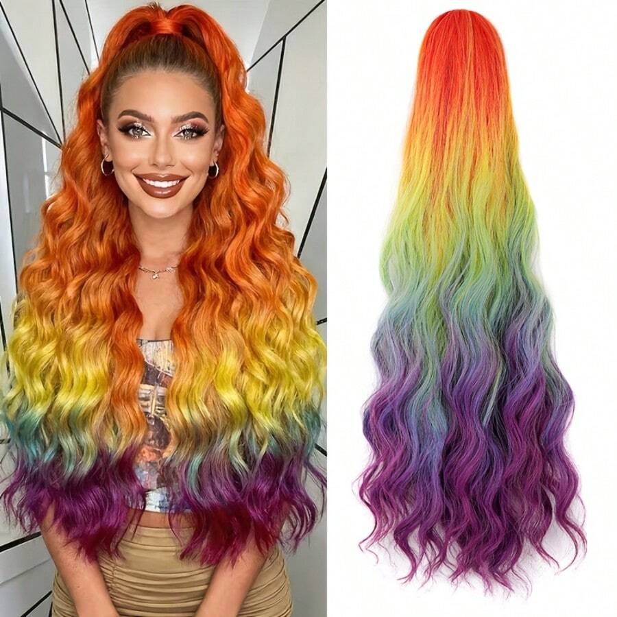 Tóc giả đuôi ngựa xoăn kiểu gradient, sợi tổng hợp, dành cho nữ, tóc dài vừa và dài, kiểu sóng lớn, tóc giả đuôi ngựa cầu vồng, kẹp tóc bông xốp tổng hợp, thanh lịch và thời trang, thích hợp cho các bữa tiệc hàng ngày, giúp tăng thêm vẻ quyến rũ. - Nhiều màu - Xem 1