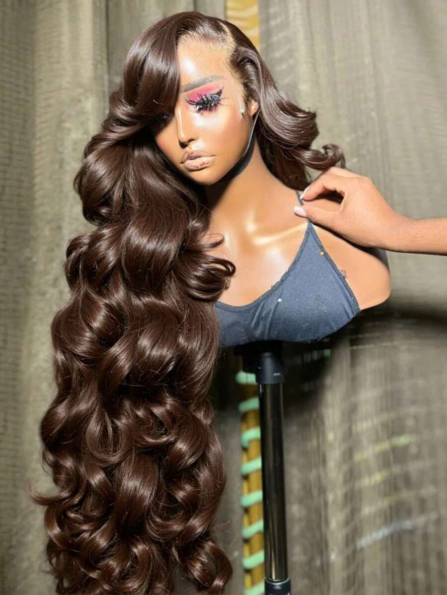 34 Inch Chocolate Brown Body Wave Lace Front Human Hair Wigs 200% Density Pre Plucked With Baby Hair 13x4 HD Transparent Lace Frontal Wigs #4 Brown Colored Human Hair Wigs For Women - S4 - 查看 1