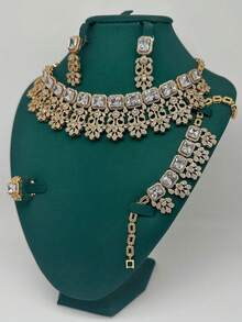 5pcs/Set Luxury European & American Style Exaggerated Ruby, Emerald, Copper Cubic Zirconia Necklace, Earrings, Open Ring, Bracelet Jewelry Set. Suitable For Banquet, Party, Bride, Wedding. Gift For Mother, Teacher, Girlfriend - Gold - View 2