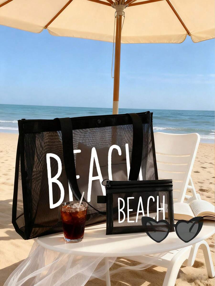Set de 2 bolsas de playa de gran capacidad con malla - Impresas con letras blancas "Beach", con elementos tropicales y de playa; Bolso de mano plegable a prueba de agua y arena + Bolsa de almacenamiento de cosméticos a juego con malla, Sombrero de sol plegable de playa, Gafas de moda. - Multicolor - Ver 1