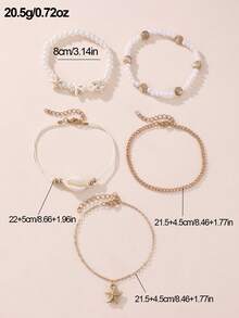 Set de 5 piezas de tobillera con estrella de mar, concha y perlas falsas de la serie Ocean Beach, estilo de vacaciones para mujeres - Multicolor - Ver 5