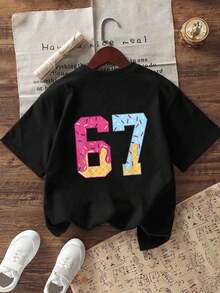 Tween Girls' Casual Funny Print Crew Neck Short Sleeve T-Shirt, Summer Top - Black - View 2