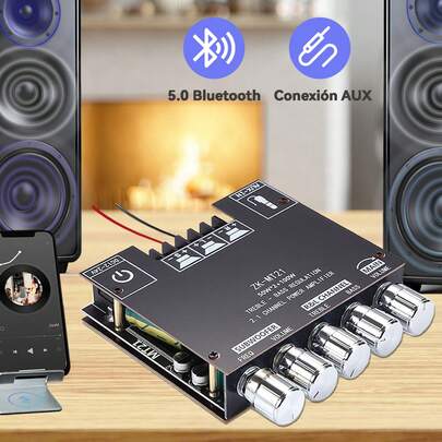 Amplificador de Potencia 2.1 Canal con Bluetooth y AUX (50Wx2+100W) - Versátil para Home Theater, PC y Música en Casa con Control de Agudos y Graves