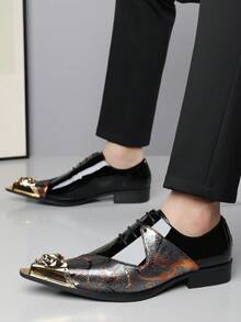 1双男士亮面图案尖头PU皮鞋面橡胶鞋底低跟休闲正装鞋，适合办公及日常穿着，四季皆宜 - 黑色 - 查看 4