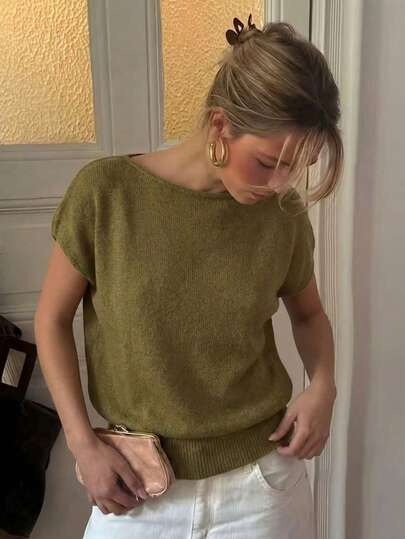 2026 Spring/Summer New Olive Green Short Sleeve Boat Neck Knit Top For Women
