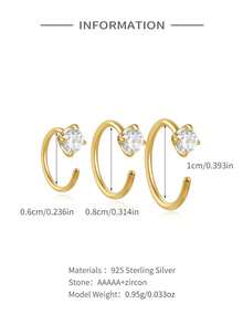 1件装S925纯银镶嵌锆石鼻环/鼻钉/鼻圈，女士款，6毫米、8毫米、10毫米 - 單隻鼻釘 - 查看 5