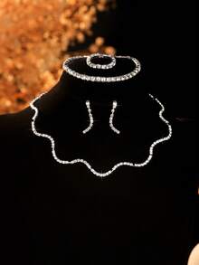 5pcs Set Rhinestone Embellished Necklace, Earrings, Bracelet And Ring, Versatile High-End Jewelry Set Suitable For Women's Daily Commute, Campus Dating, Wedding Party, Valentine's Day Holiday Gift - Silver - View 2