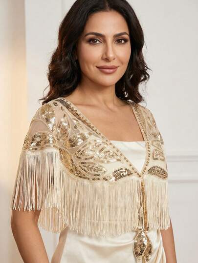 1件闪亮优雅复古涤纶亮片披肩三角围巾，派对和节日