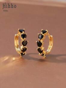 Hihho 1 par de pendientes de aro con diseño de corazón en gota de aceite negro, joyería personalizada como regalo para niñas en fiestas - Negro - Ver 5