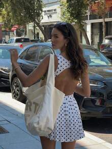Cute Polka Dot Round Neck A-Line Short Dress, High Elasticity Ruffle Hem, Retro Style - Black and White - View 2