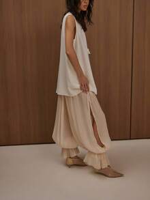 Women Baggy Balloon Long Pants Y2K Bubble Pleated Oversized Bloomers Elastic High Waist Wide Leg Lantern Harem Pants For Summer - Màu be - Xem 7