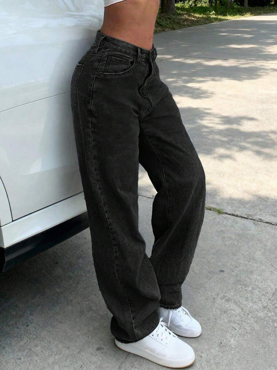 女士复古宽松直筒牛仔裤，休闲黑色 - 黑色 - 查看 1