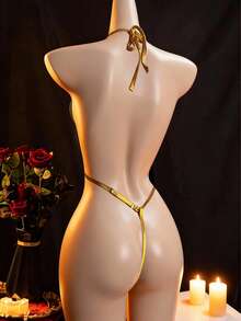 一件装女士性感金属金色连体裤，V领开衩设计内衣，弹力面料，大胆迷人的风格，适合闺房之夜和派对场合。 - 金色 - 查看 2