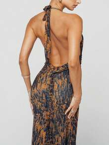 Women Ruched Polka Dot Long Dress Backless Low Cut Halter Neck Maxi Dress Dots Print Wedding Guest Party Gown - 深棕 - 查看 6