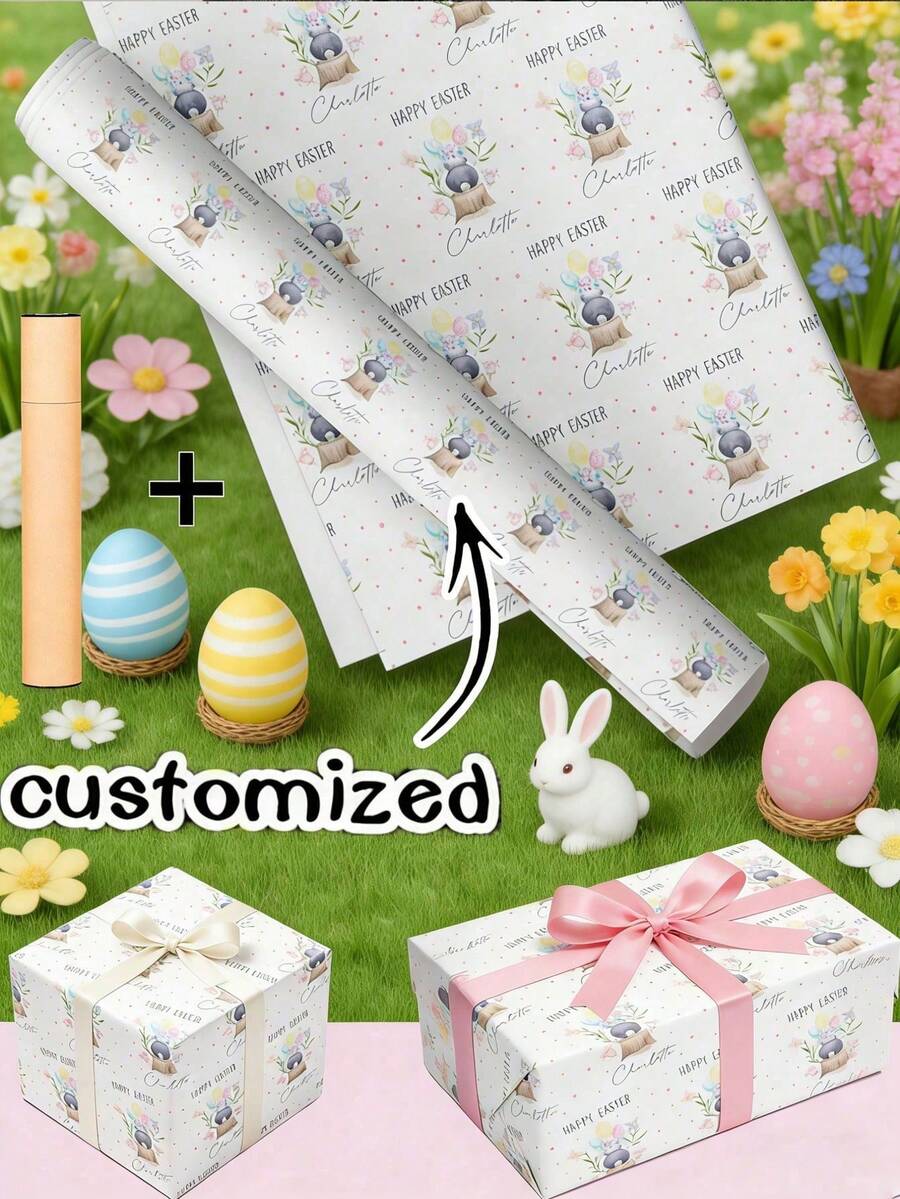 Personalized Packaging Paper/Beautiful Easter Gift Wrapping Paper/Easter Bunny Pattern Wrapping Paper/Easter Eggs/Personalized Easter Bunny Wrapping Paper - Multicolor - View 1