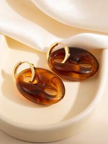 1 Pair Exquisite And Versatile Double Hole Elliptical Earrings With Gold Plated Earrings+Blue Pattern Resin+Fresh Texture Women's Daily Wear Earrings - Gold - View 6