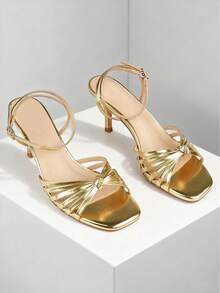 MERUMOTE Women's Kitten Heels New Open Toe Heeled Sandals Slingback 2.5" Heels Strappy Shoes For Daily,Party - Vàng - Xem 4